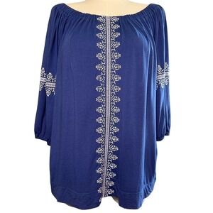 Chaps‎ Denim Blue & White Embroidered Boho Off the Shoulder Blouse Shirt Size 1X
